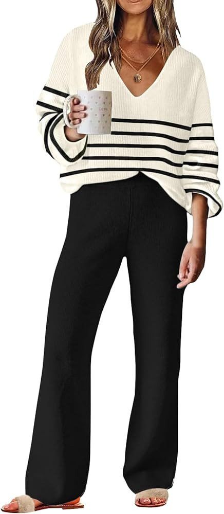 Womens 2 Piece Outfit Sweater Lounge Sets V Neck Knit Pajama Set Loungewear | Amazon (US)