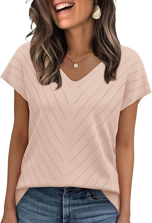 OFEEFAN Womens Sweaters Short Sleeve V Neck Summer Tops Trendy Fashion Business Casual Outfits Dr... | Amazon (US)