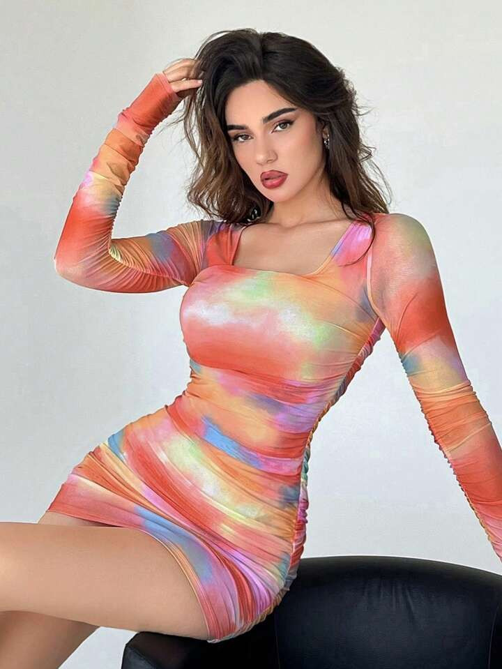 SHEIN Aloruh Tie Dye Ruched Side Bodycon Dress | SHEIN