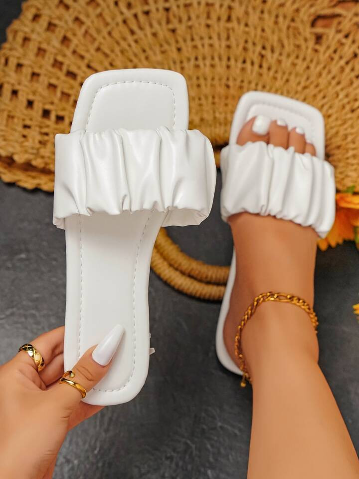 Fashionable Outdoors Flat Slippers for Women, Ruched Plain Artificial Leather Open Toe Slide Sand... | SHEIN