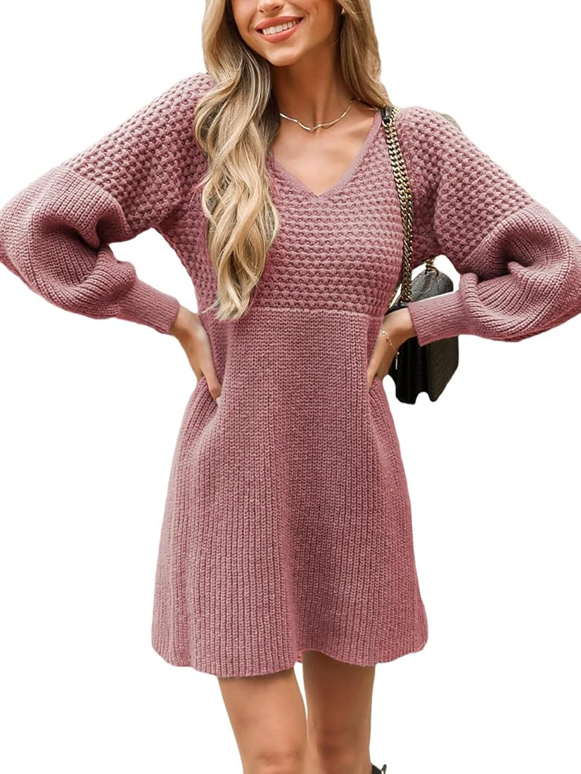 CUPSHE Women's Sweater Dress V Neck Honeycomb Long Sleeve Textured Fall Casual Knit Pullover Dres... | Amazon (US)