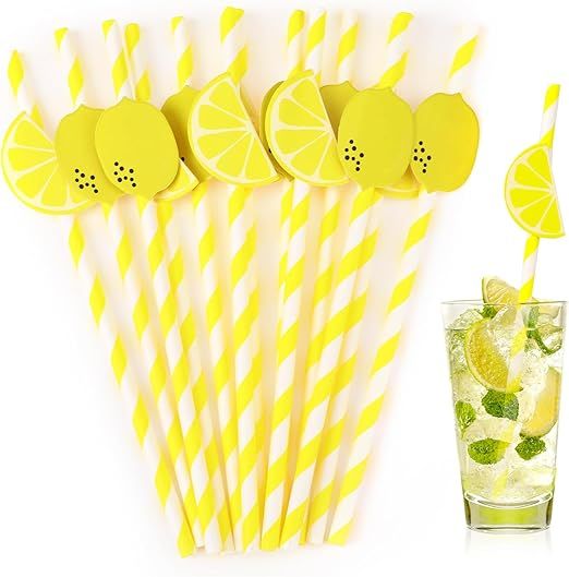 Lemon Patterned Paper Drinking Straws, Cute Yellow Straws Disposable Paper Straws Lemonade Stand ... | Amazon (US)