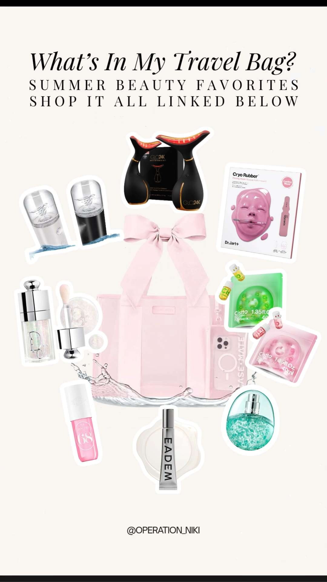 Keeping your skincare and beauty routine completely locked in while traveling is the best way to stay fresh on the go. ✈️🧖‍♀️ Packing the right travel-friendly products ensures your skin stays radiant and hydrated no matter where your summer schedule takes you. ☀️

My pink travel Case-Mate tote is packed to the brim with intentional, high-performing self-care essentials. This collection features highly effective skincare tools, soothing rubber and gel face masks, nourishing lip treats, and lightweight seasonal fragrances perfect for a quick refresh. ✨ Keeping these curated pieces neatly organized in your luggage makes maintaining your beauty routine simple and entirely stress-free. ☁️

Follow for more @OPERATION_NIKI on IG, TikTok, & Facebook

#TravelBeauty #WhatInMyBag #SummerSkincare #OperationNiki #TravelEssentials #SelfCareRoutine #BeautyFinds #PackWithMe #SkincareOnTheGo #OrganizedTravel 

 #LTKselfcare #LTKBeauty #LTKTravel