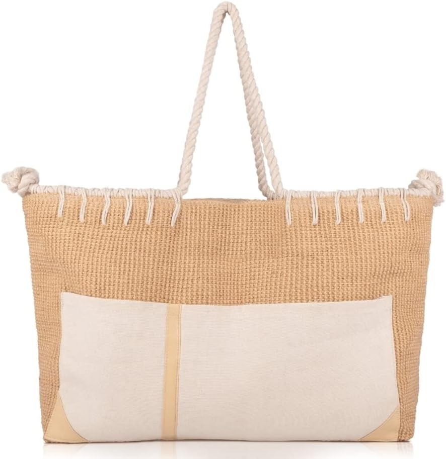 earthy co collective Jute Beach Bag - Large Woven Beach Tote Bag - Boho Chic Overnight Travel Bag... | Amazon (US)