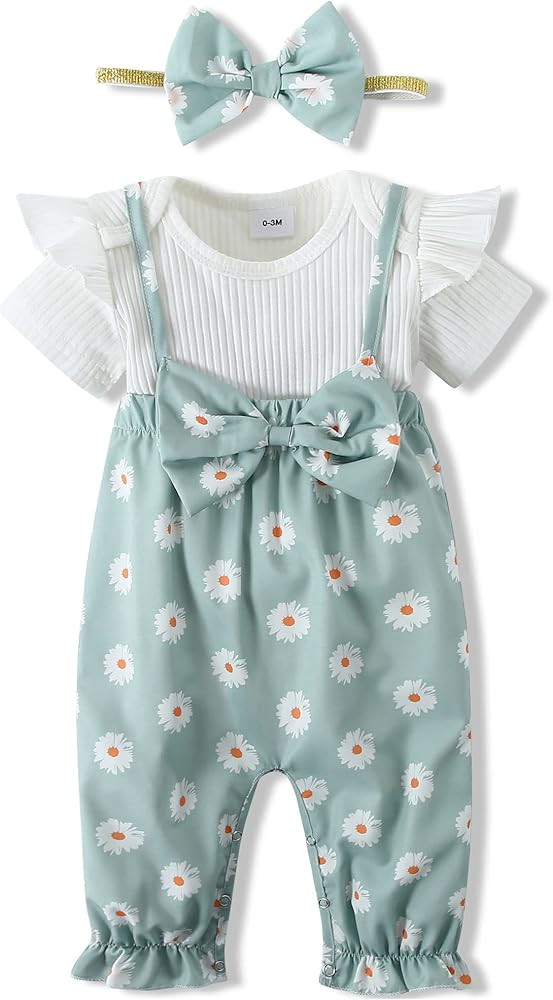 SOLOYEE Newborn Baby Girl Clothes Infant Romper Ruffle Short Sleeve+ Suspender Pants+Headband 3Pcs B | Amazon (US)