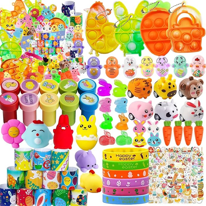120 Pcs Non-Candy Easter Egg Fillers for Kids, Basket Stuffers with Stickers Squeeze Toys, Easter... | Amazon (US)