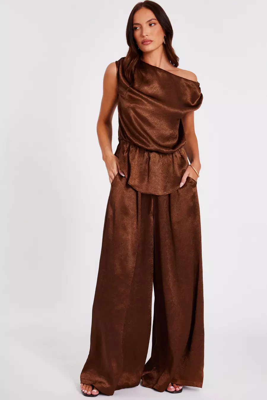 Brown Textured Satin Palazzo Trousers | Quiz Clothing
