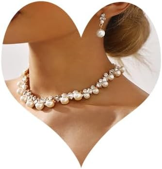 Sparkly Crystal Pearls Necklace Earrings Set Silver Gold Plated Rhinestone Pearls Necklace Earrin... | Amazon (US)