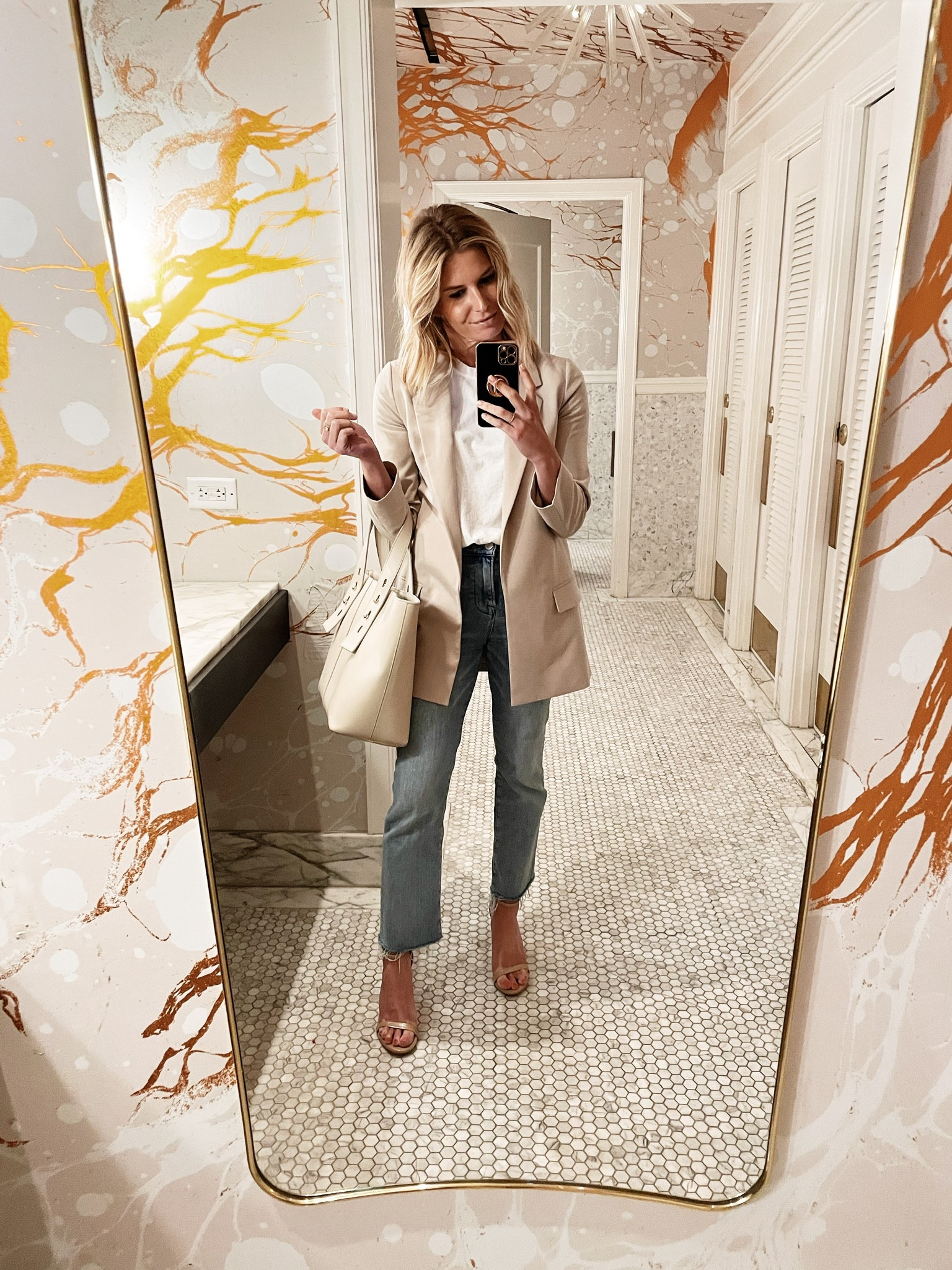 Work look! Tan blazer, white tee, straight leg jeans and white tote.

#LTKFind #LTKstyletip #LTKworkwear