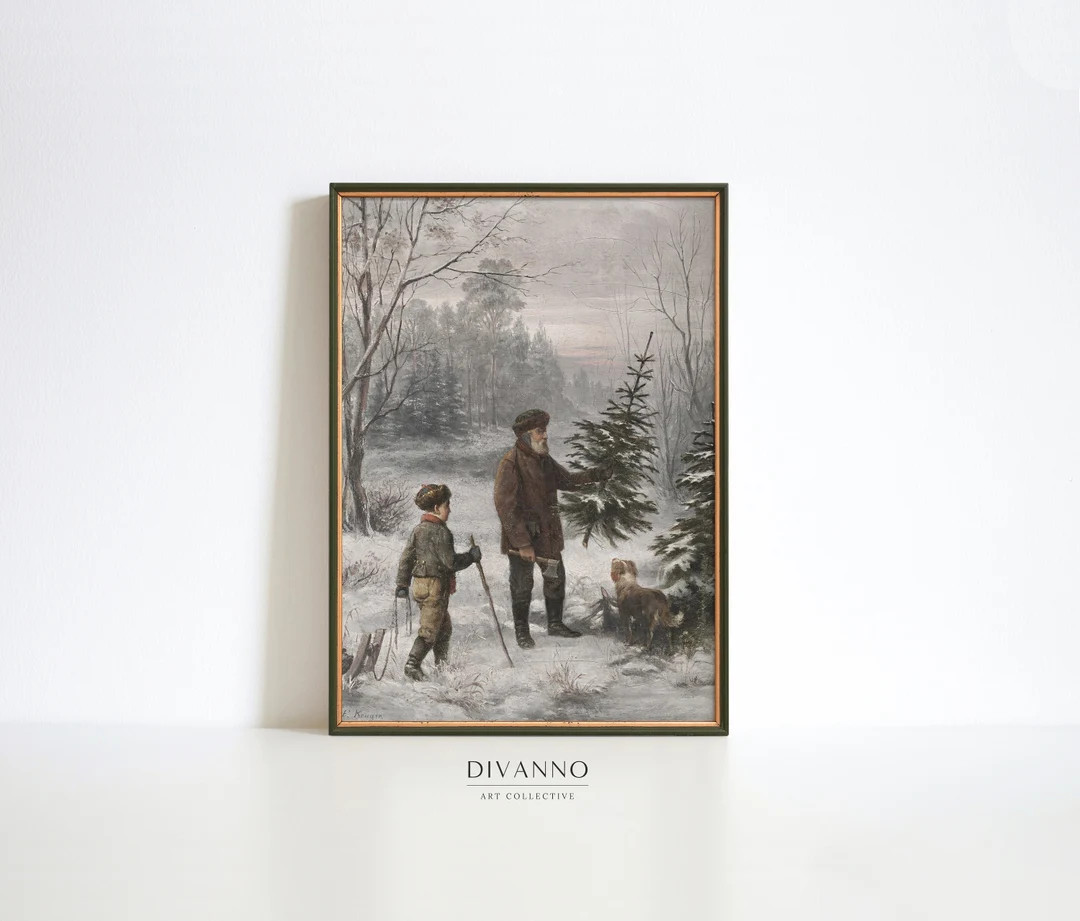 Country Christmas Vintage Painting, Winter Rustic Wall Art, Holiday Decor, Snowy Forest Wall Art,... | Etsy (US)