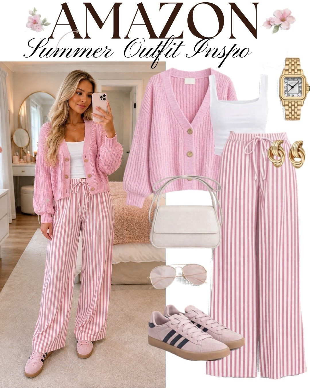 Soft Pink Coastal Outfit Inspo 🌸 Effortless Chic Look
This soft pink outfit is the perfect blend of cozy and chic. Featuring a lightweight pink cardigan, classic white tank, and flowy striped wide-leg pants, this look is ideal for spring days, vacation vibes, or a relaxed coastal aesthetic. Paired with pink sneakers, gold accessories, and stylish sunglasses, it’s an easy go-to outfit that feels both elevated and comfortable. Save this for your next casual outfit idea or weekend look! #ad #affiliate
#springoutfits #casualoutfitideas #amazonfashionfinds #pinkoutfit #coastalstyle #effortlessstyle #outfitinspo #widelegpants #cardiganstyle #everydaystyle #chiccasual #vacationoutfits #amazonstyle #fashioninspo #ootdideas