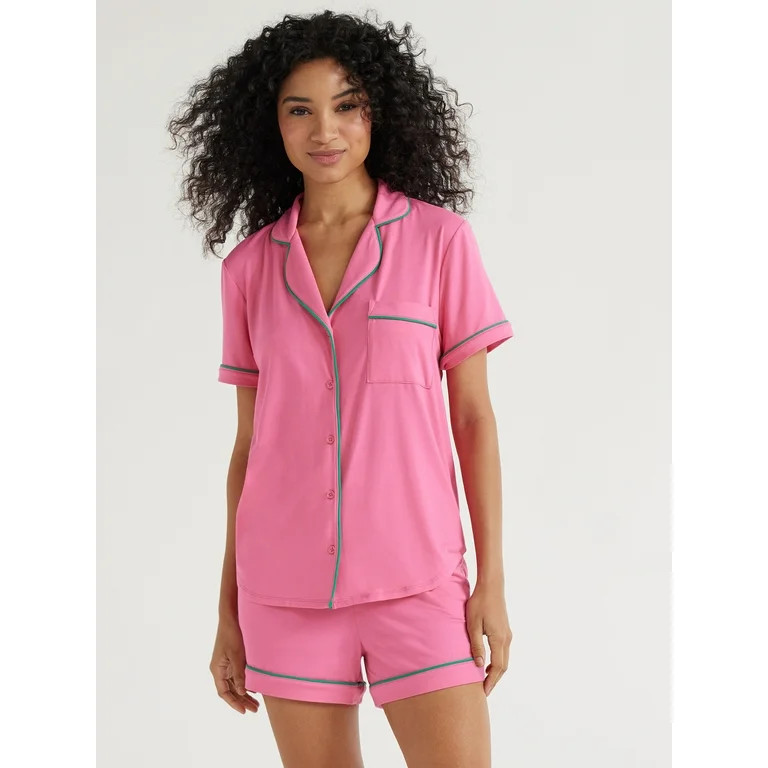 Joyspun Women’s Short Sleeve Notch Collar Top and Shorts Knit Pajama Set, 2-Piece, Sizes S to 3... | Walmart (US)