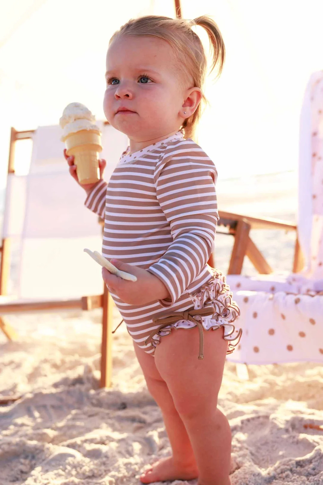 Long Sleeve Rash Guard With Ruffle Bottom | Sandy Stripes | Caden Lane
