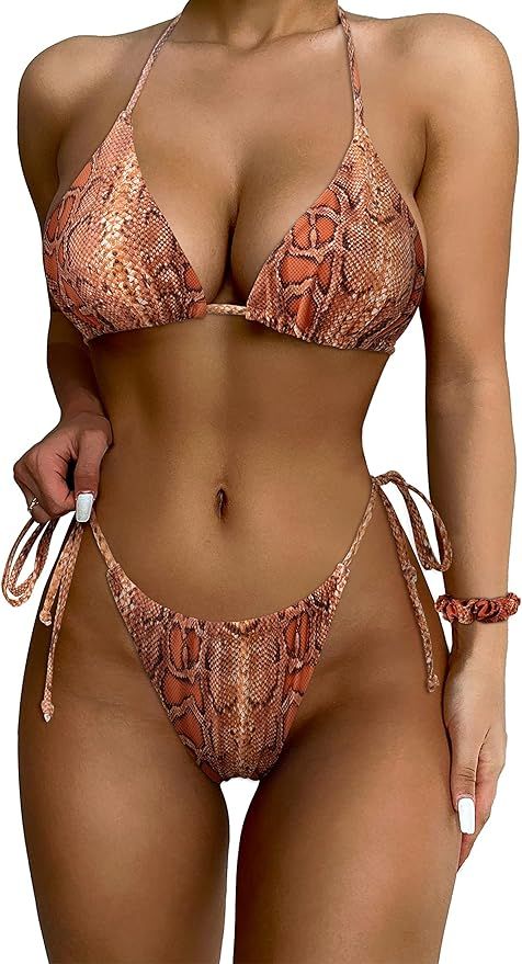 SUUKSESS Women String Bikini Set Tie Side Thong Sexy Halter Swimsuits 2 Pieces | Amazon (US)