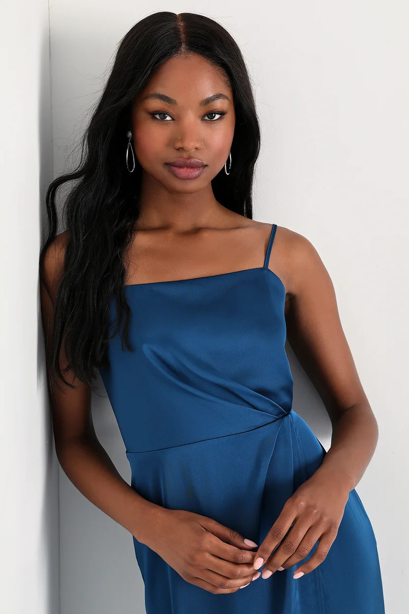 Destiny Awaits Navy Blue Satin Faux-Wrap Maxi Dress | Lulus (US)