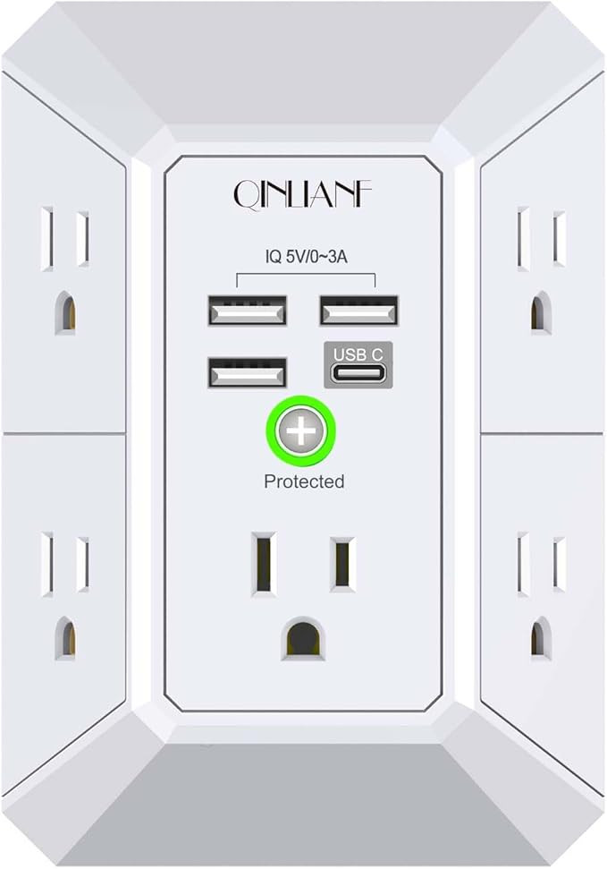 Wall Charger, Surge Protector, QINLIANF 5 Outlet Extender with 4 USB Charging Ports, 3-Sided 1680... | Amazon (US)