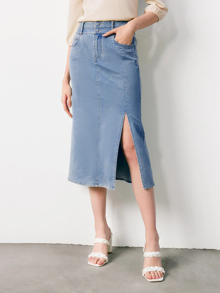 Blue High Waist Slit Denim Skirt | GOELIA