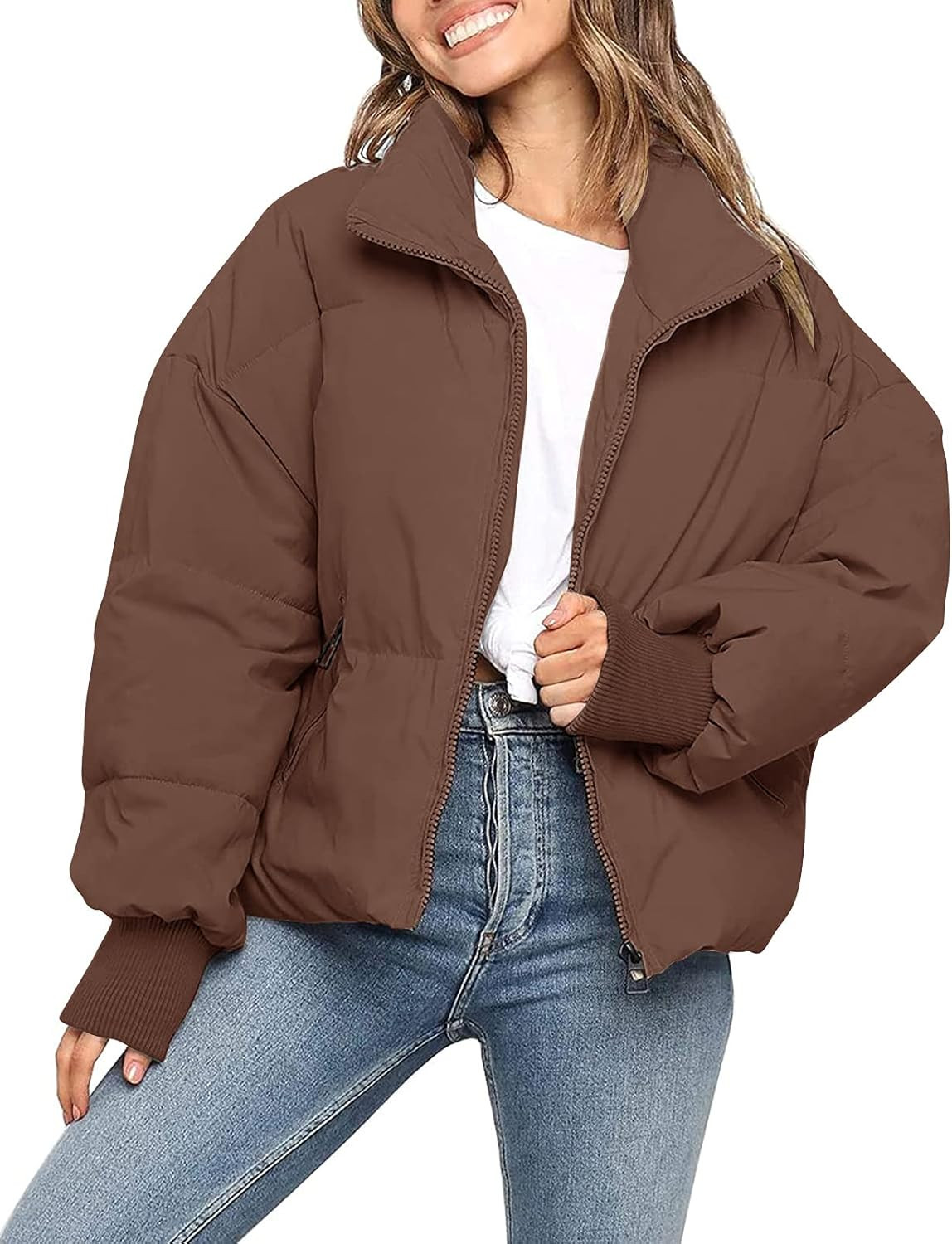 MEROKEETY Women's Winter Long Sleeve Zip Puffer Jacket Baggy Short Down Coats | Amazon (US)