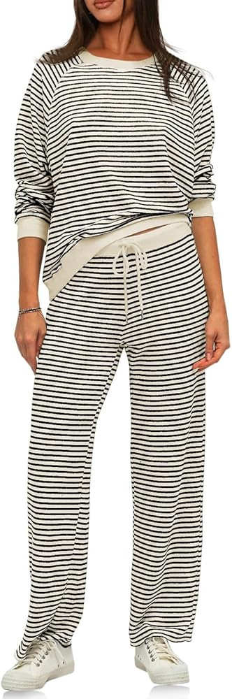 Tankaneo Womens Sweatsuits 2 Piece Sets Striped Long Sleeve Sweatshirt Wide Leg Pants Tracksuit L... | Amazon (US)