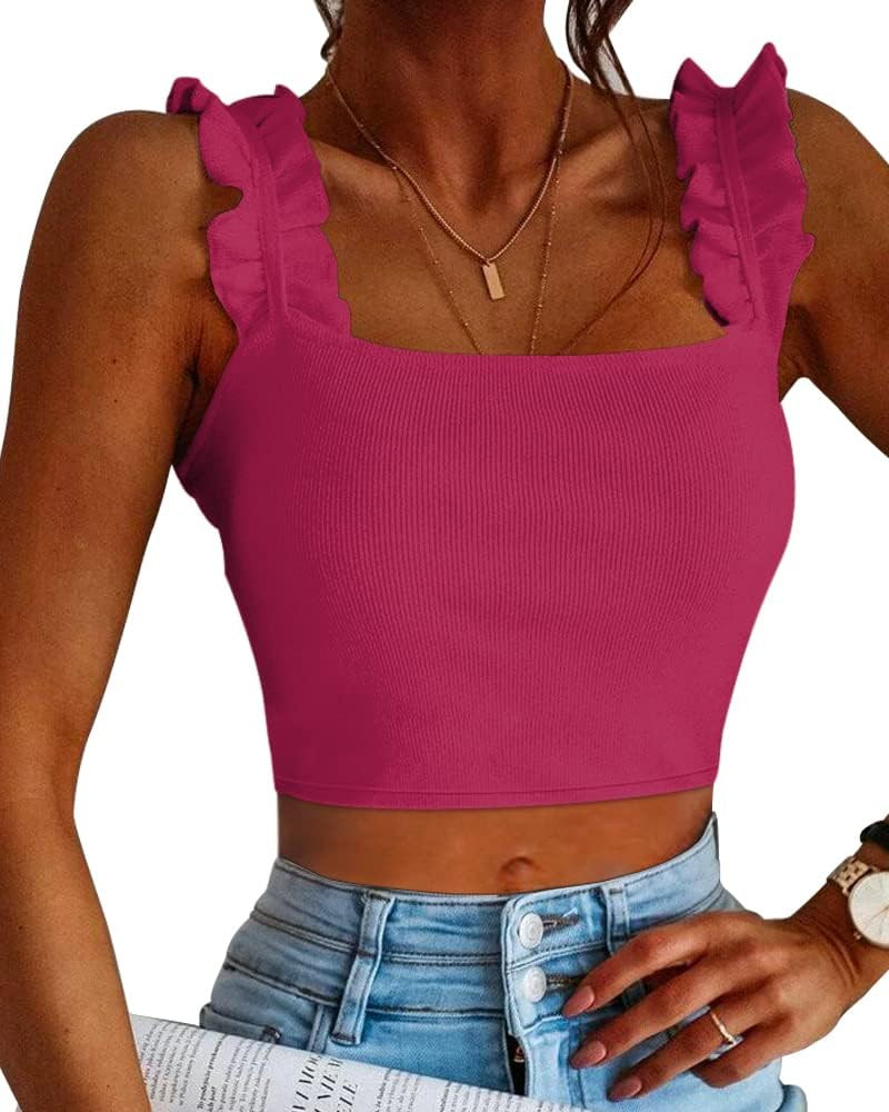 CLOZOZ Cute Crop Tops for Women Tank Tops Ribbed Ruffle Strap Square Neck Womens Trendy Going Out... | Amazon (US)