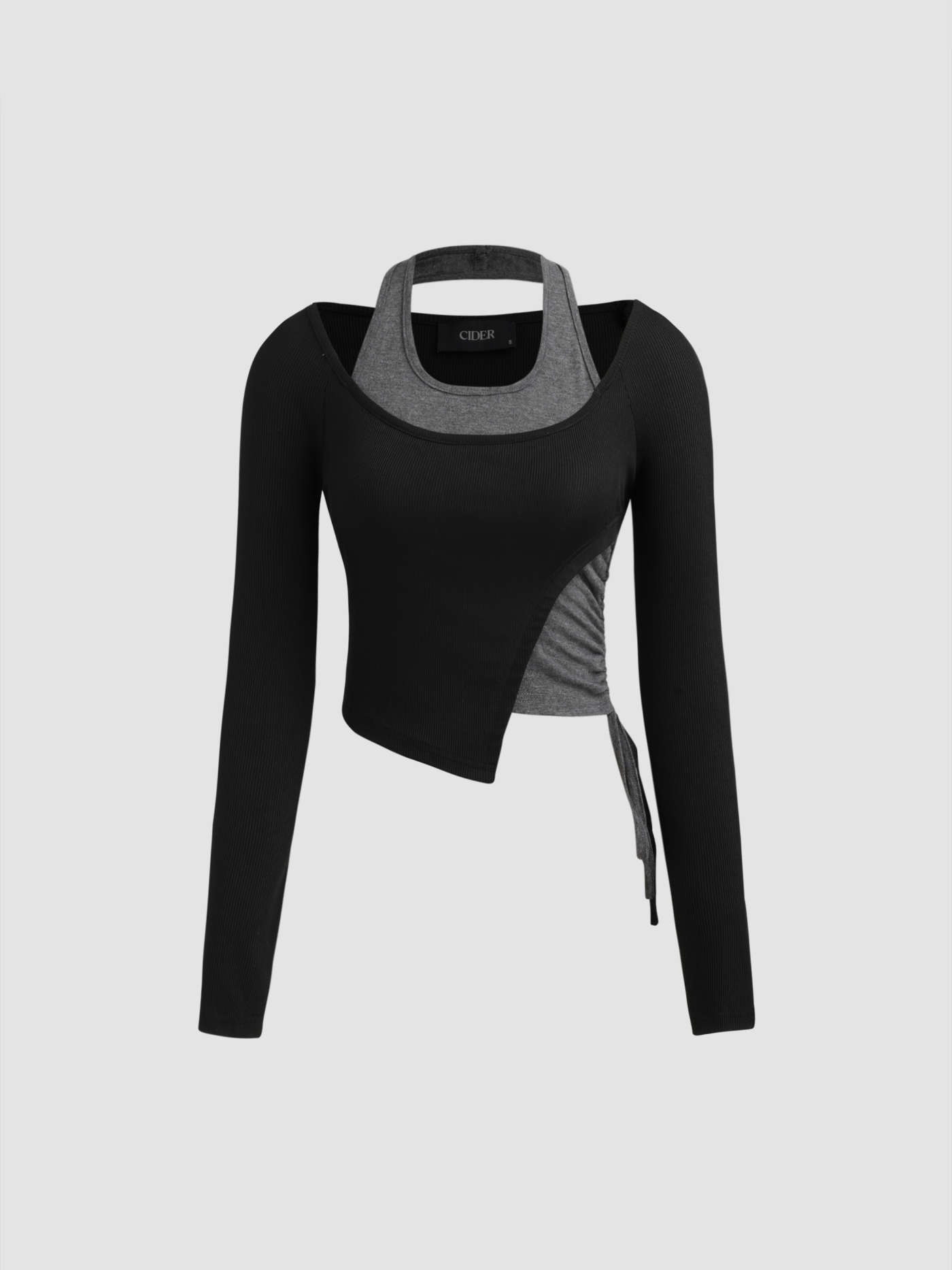 Jersey Halter Asymmetrical Patched Drawstring Long Sleeve Crop Top | Cider