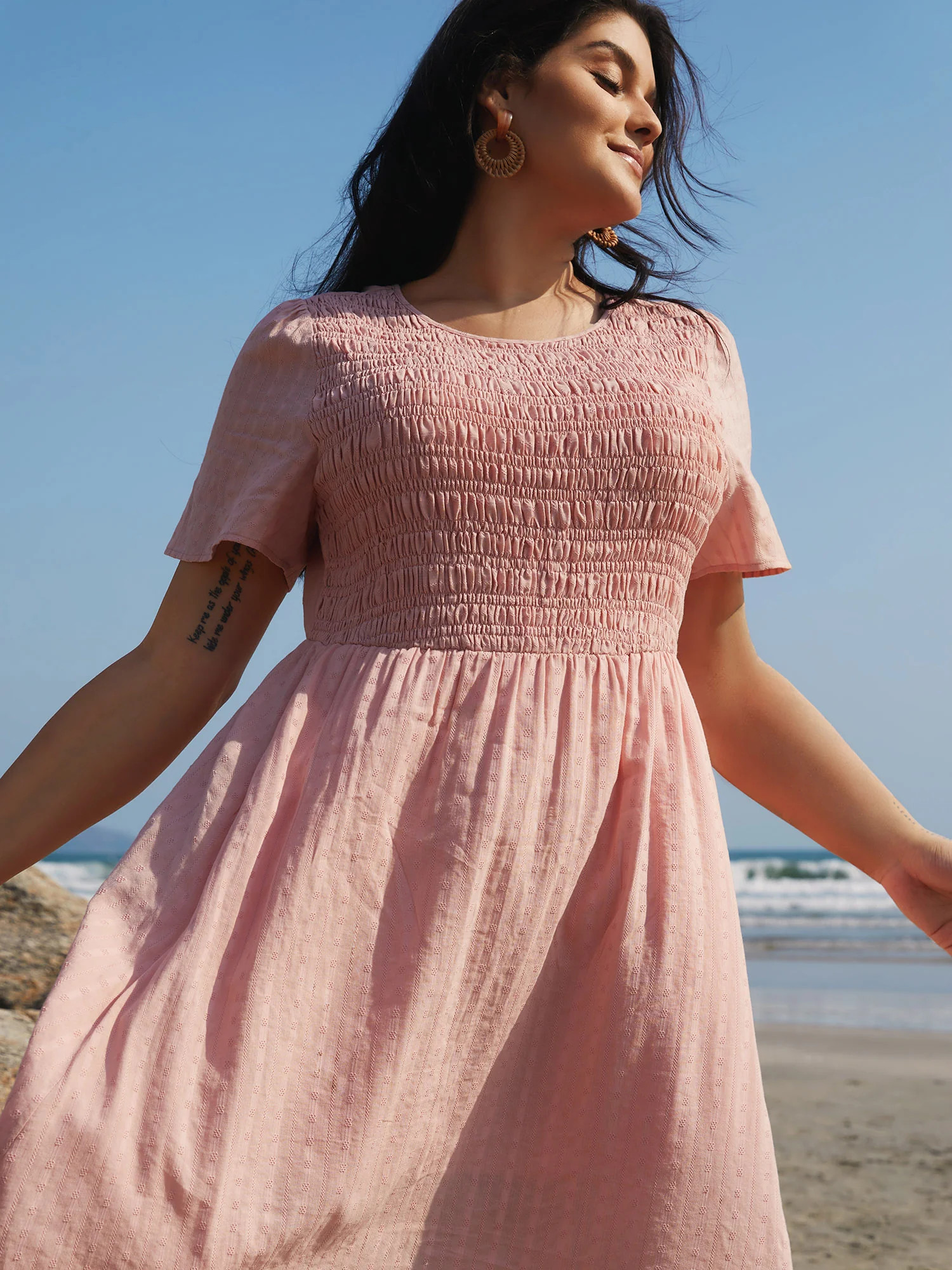 Cotton Textured Shirred Bodice Pleated Midi Dress | Bloomchic