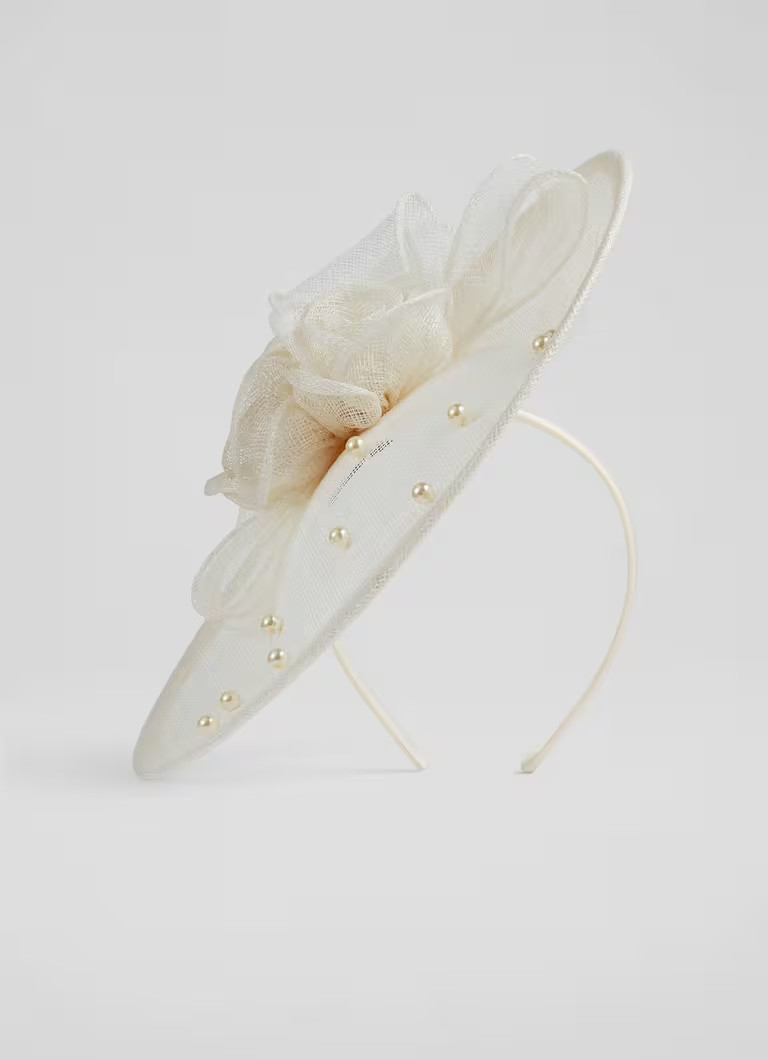 Ayla Cream Mesh Pearl Detail Wide Brim Fascinator | L.K. Bennett (UK)