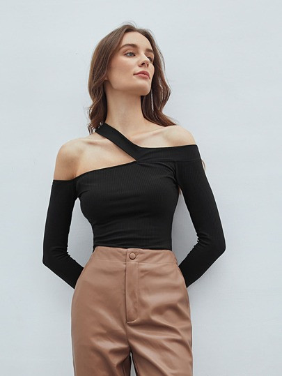 MOTF ECO RECYCLED POLYESTER ASYMMETRICAL NECK TOP | SHEIN