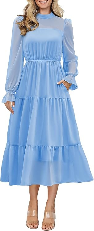 ANRABESS Womens Fall Vacation Guest Dress 2025 Long Sleeve Mock Neck Mesh Floral Boho Flowy Casua... | Amazon (US)