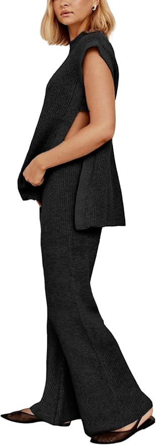 Lviefent Womens 2 Piece Outfits Sweater Set Sleeveless Side Slit Pullover Top Knit Wide Leg Pants... | Amazon (US)