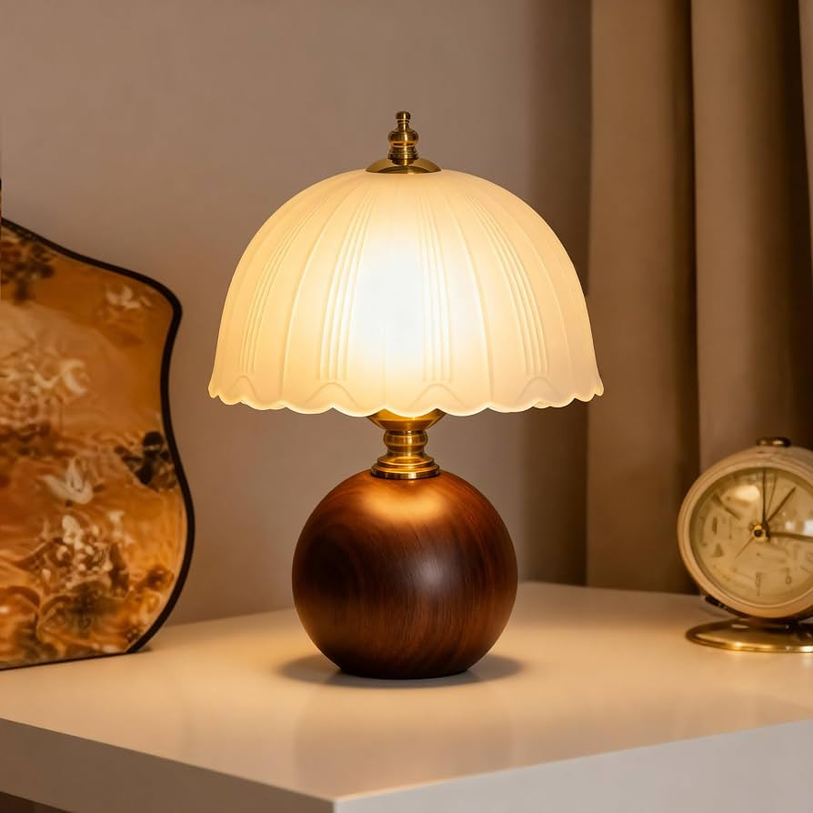 11.8\u201c Decorative Wooden Table Lamp with Frosted Glass Shade, Dimmable Bedside Nightstand Lam... | Amazon (US)