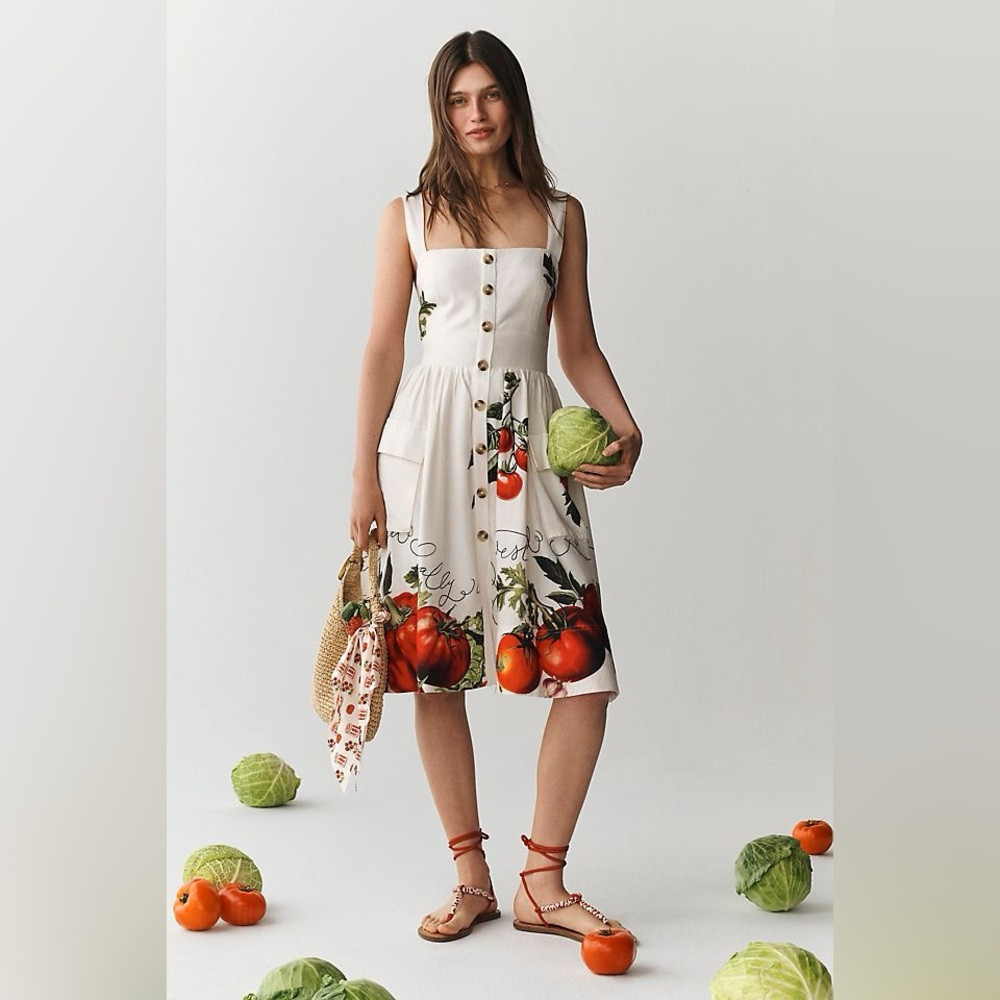 Anthropologie White Midi Dress with Tomato & Green Foliage Print | Poshmark