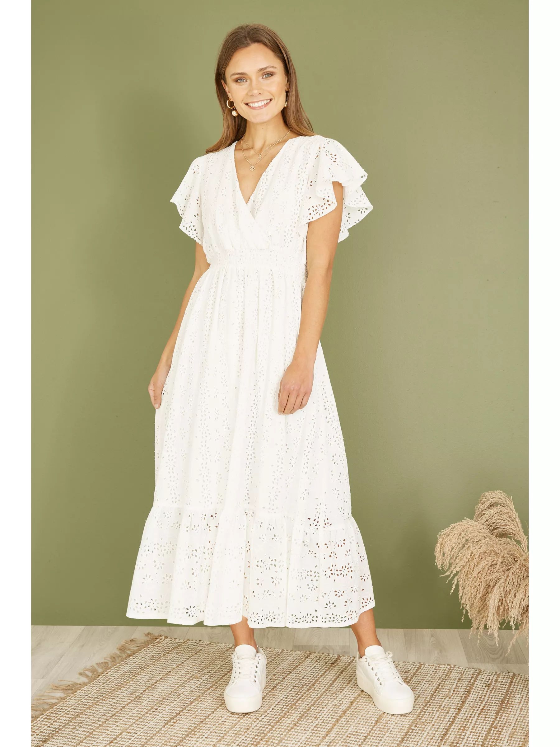 YumiBroderie Anglaise Wrap Midi Dress, White | John Lewis (UK)