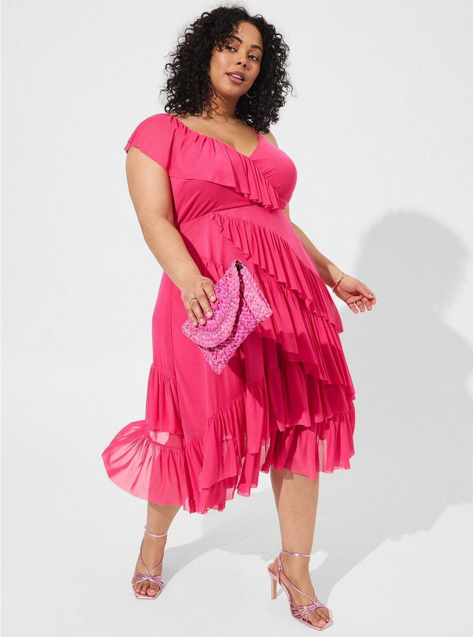 Midi Mesh Ruffle Surplice Dress | Torrid (US & Canada)