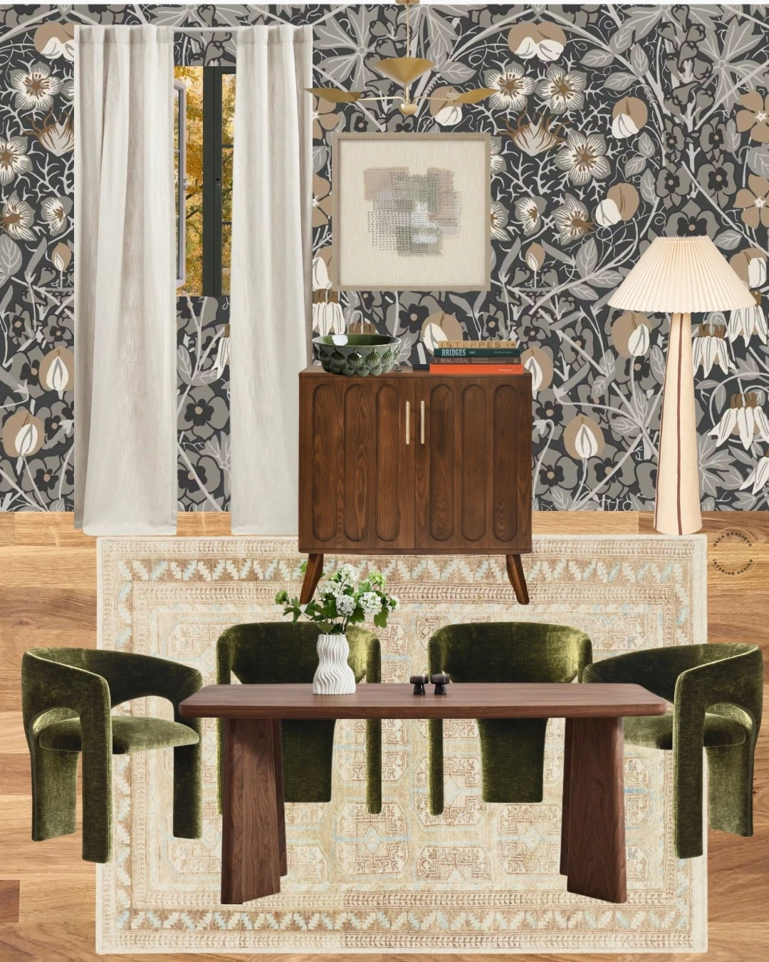 Gorgeous dining room design! Dining table and beautiful dining chairs from Wayfair. Affordable wallpaper, neutral rug and a beautiful chandelier from West Elm. #diningroom #falldecor #moodboard

#LTKSeasonal #LTKHome #LTKHoliday