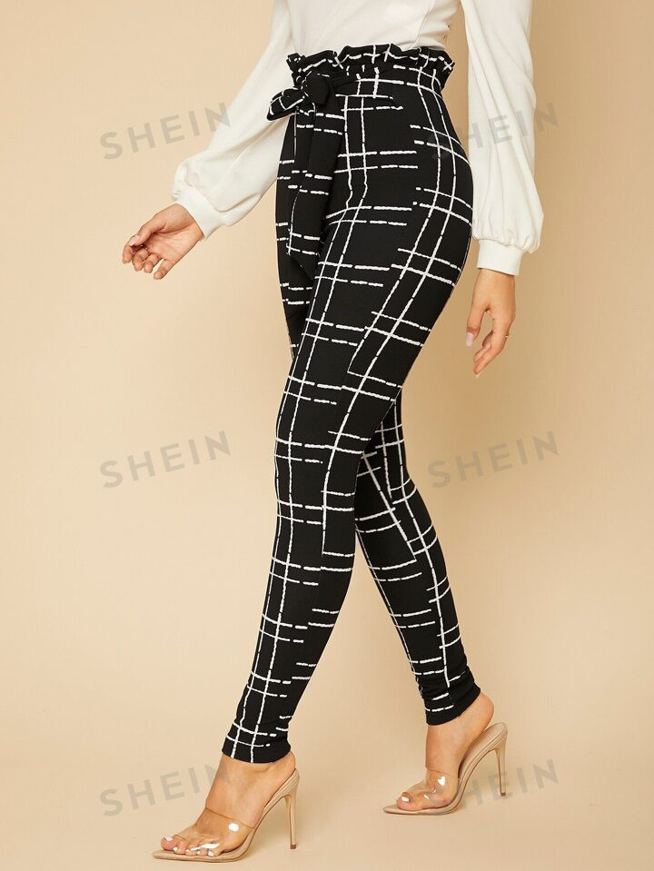SHEIN Tall Plaid Paper Bag Waist Skinny Pants | SHEIN