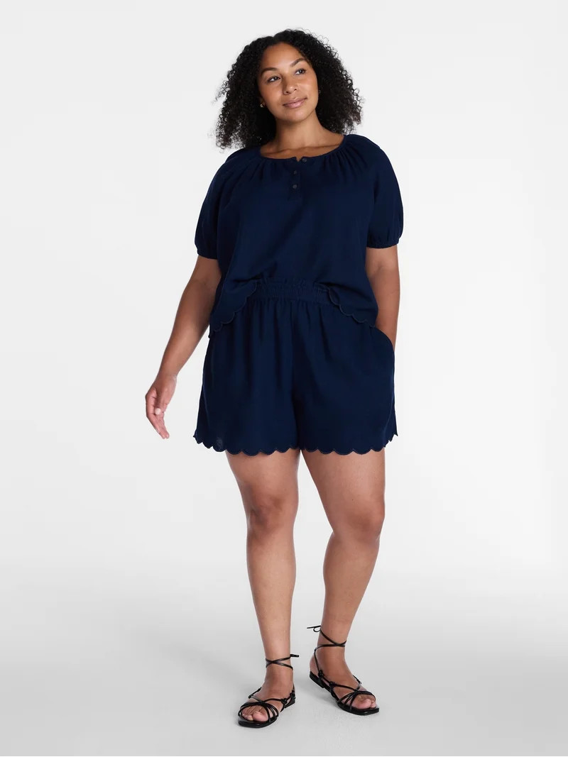 Time and Tru Women's Linen Blend Shorts with Scalloped Hem, Sizes XS-XXXL | Walmart (US)