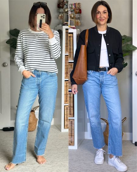 Love these jeans but they were too long so I made them shorter and used fabric glue to make sure they don’t fray any more. Got my usual size 27 in the jeans, they are a relaxed fit and a lower rise (below my bellybutton, I have a long torso).
Sized up to M in the sweatshirt, cropped tee and the bomber jacket (I’d say they fit tts but I have a long torso and long arms so I prefer a bit more room).
Sneakers fit tts and are my most worn white sneaker. Also linked my leather tote bag and the fabric glue I used on the hem.


#LTKstyletip #LTKshoecrush #LTKitbag