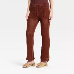 Women's Pull-On Tie-Front Scalloped Crochet Sweater Pants - A New Day\u2122 Brown M | Target