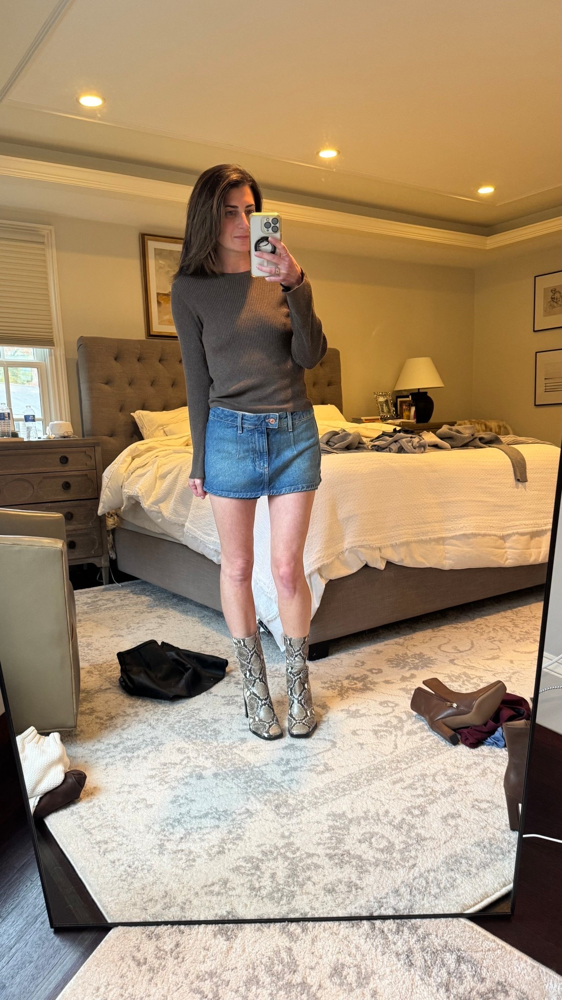 Crewneck brown sweater Jean skort animal print square toed boot mom look millenial fall fit

#LTKSeasonal #LTKPetite #LTKmomlife