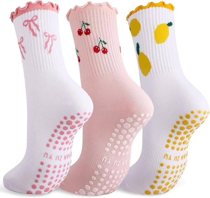 3/6 Pairs Cute Pilates Socks for Women, Ruffle Frilly Yoga Socks Non Slip Cotton Crew Ballet Sock... | Amazon (US)