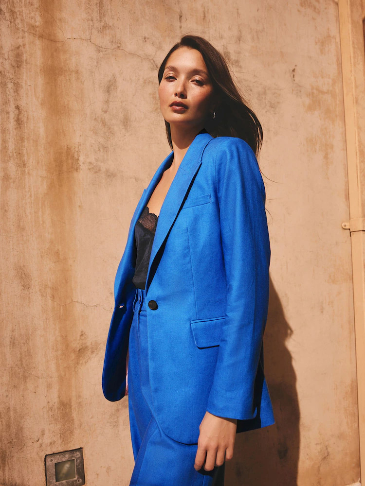 Cobalt Blue Linen Rich Single Breasted Blazer | Next US