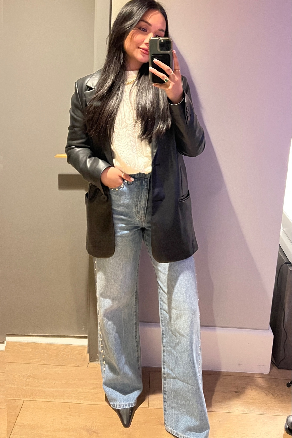 studded jeans and cable knit sweater with black leather blazer outfit and black boots (linked similar options) 

#LTKstyletip #LTKshoecrush