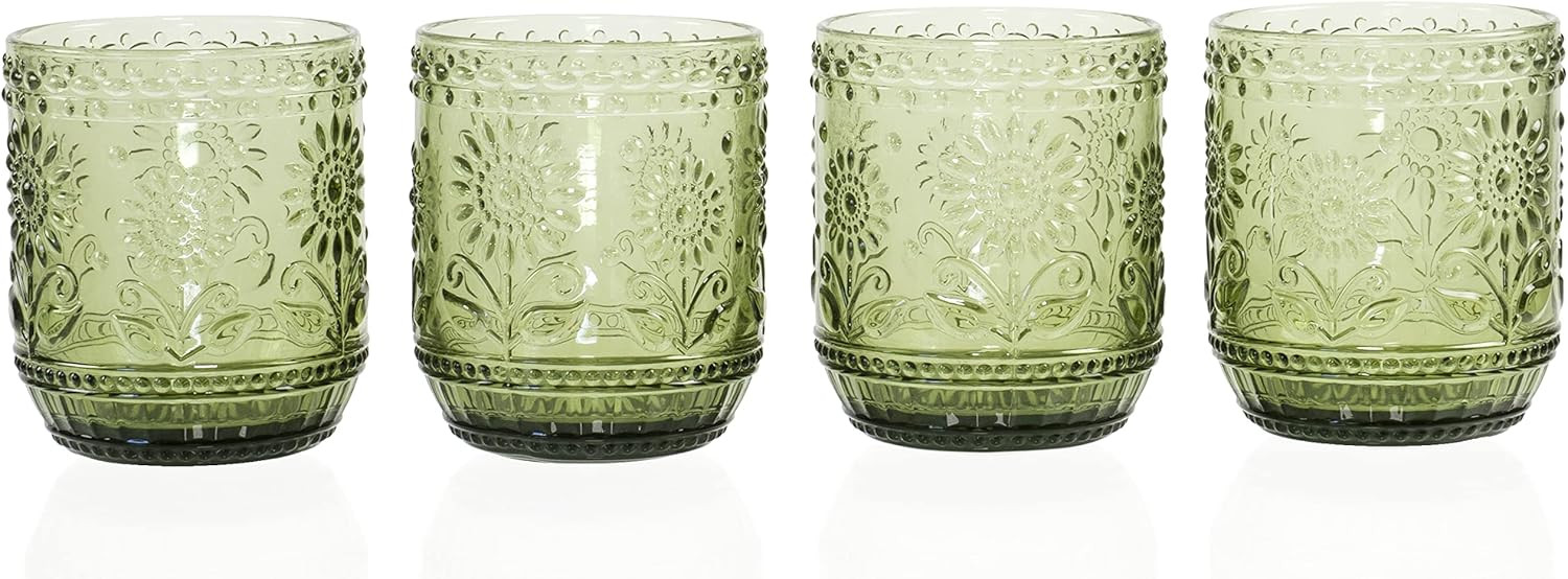 Amazon.com | Vintage Botanist Drinking Glass Set, Luxurious Floral Embossed Decorative Green Glas... | Amazon (US)