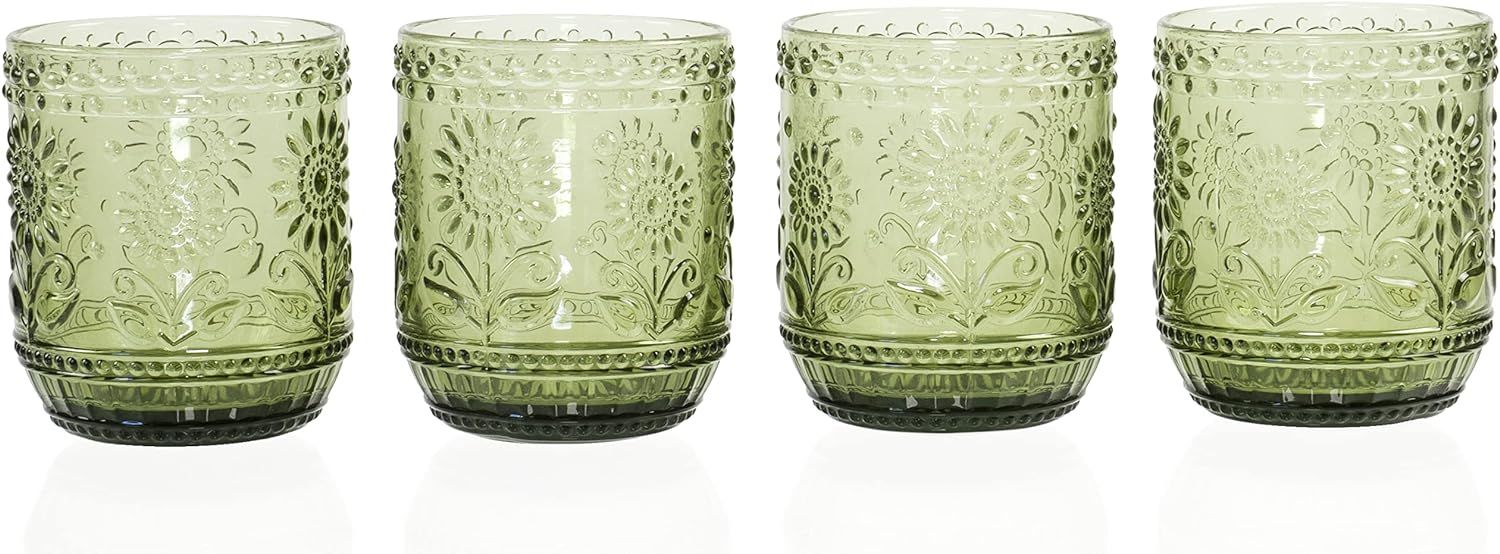 Amazon.com | Vintage Botanist Drinking Glass Set, Luxurious Floral Embossed Decorative Green Glas... | Amazon (US)