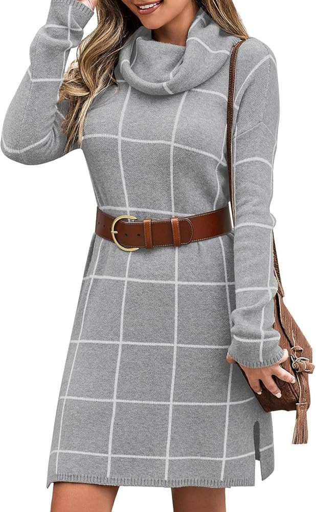 Women Casual Turtleneck Knitted Sweater Cozy Grid Pullover Sweater Dress | Amazon (US)