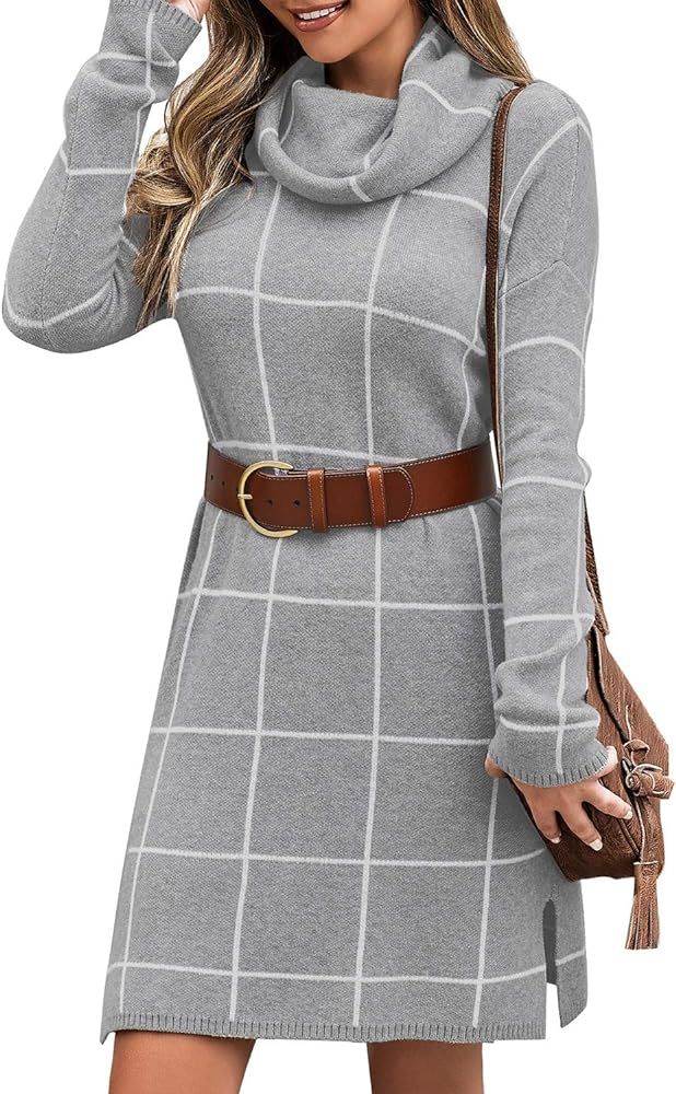 Women Casual Turtleneck Knitted Sweater Cozy Grid Pullover Sweater Dress | Amazon (US)
