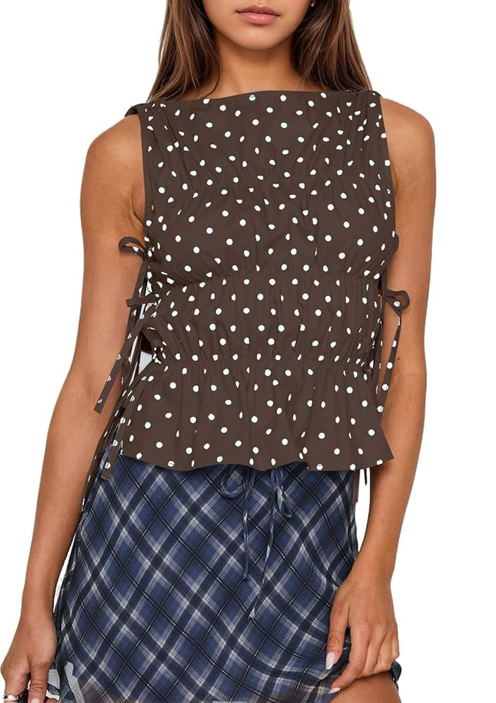 Women Polka Dot Sleeveless Peplum Tops Side Bow Tie Ruched Smocked Tank Tops Boat Neck Summer Goi... | Amazon (US)