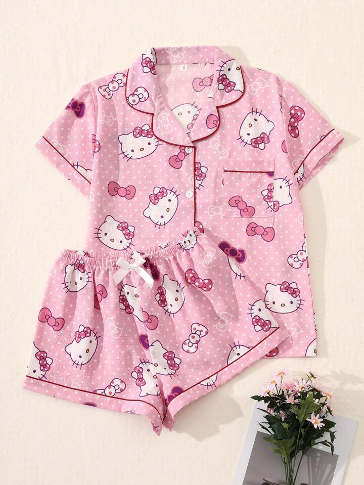 Sanrio Conjunto De Pijama Autorizado Pela Sanrio Com 2 Peças - Top De Botão Com Decote Em V E Manga Curta Estampada Com Hello Kitty E Calça Com Laço, Conjunto De Pijama De Verão, Confortável Para Uso Doméstico, Conjunto De Duas Peças | SHEIN
