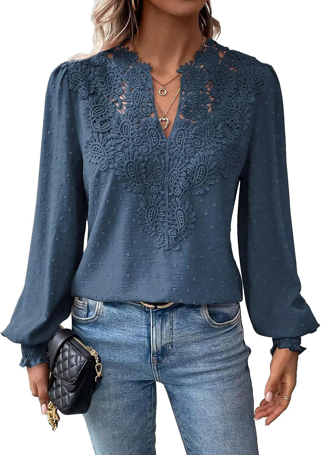 Falechay Long Sleeve Shirts for Women Boho Flowy Lace Floral V Neck Tops | Amazon (US)